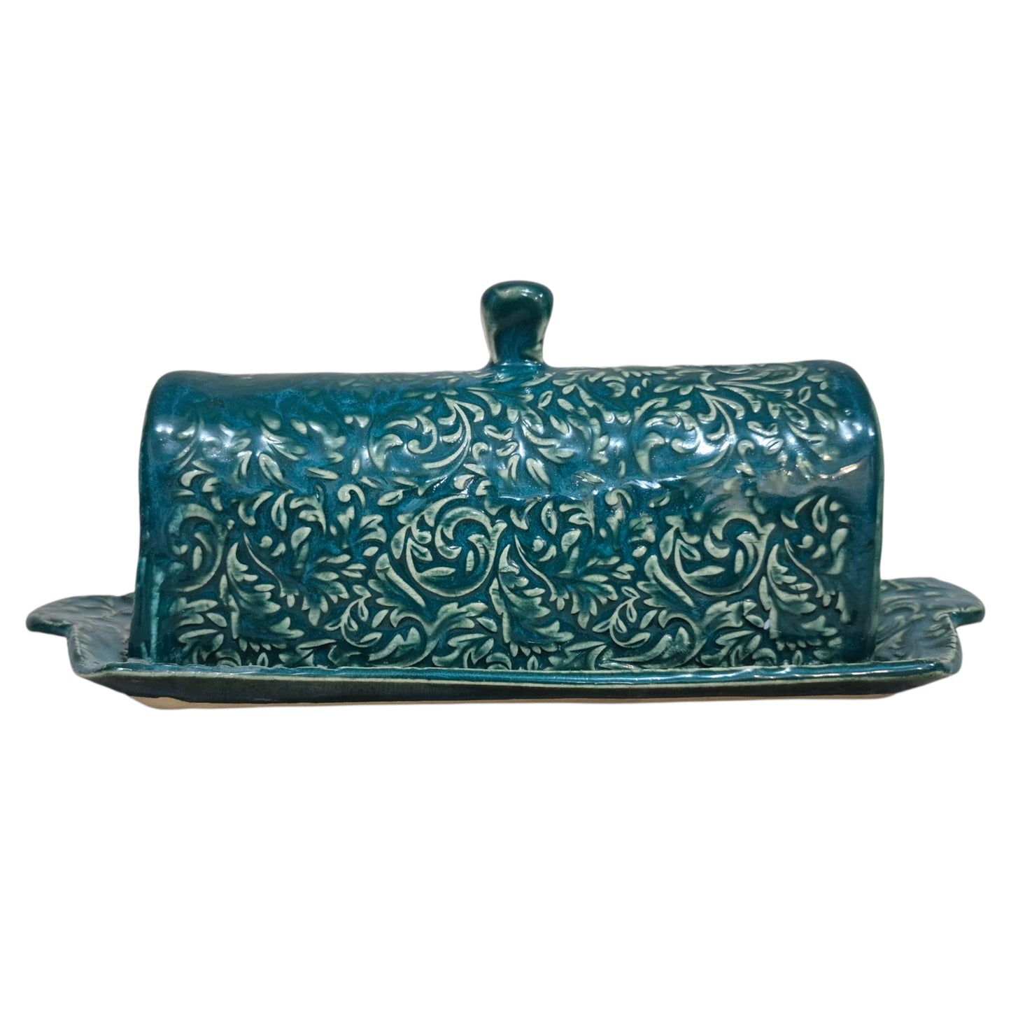 Turquoise hand built butter dish