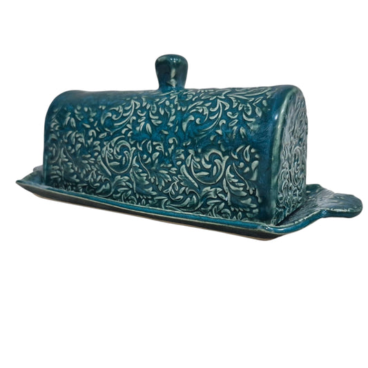 Turquoise hand built butter dish